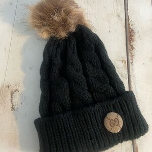 Cozy Black Knit Pom-Pom Beanie with Upcycled authentic Gucci fabric button!